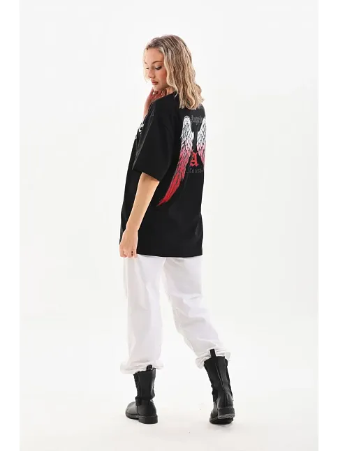 Kadın Baskılı Tişört Kısa Kol Bisiklet Yaka Oversize T-shirt - Siyah
