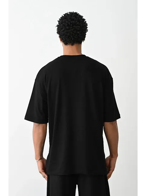 Erkek Boxy Eldiven Baskılı T-shirt Kısa Kol Bisiklet Yaka Tişört - Siyah
