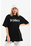 Kadın Kısa Kol Yazlık Tişört Bisiklet Yaka Baskılı Oversize T-shirt - Siyah