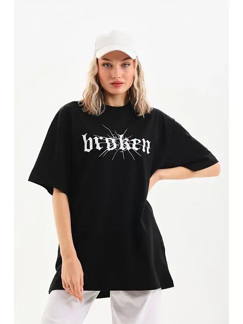 Kadın Kısa Kol Yazlık Tişört Bisiklet Yaka Baskılı Oversize T-shirt - Siyah