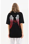 Kadın Baskılı Tişört Kısa Kol Bisiklet Yaka Oversize T-shirt - Siyah
