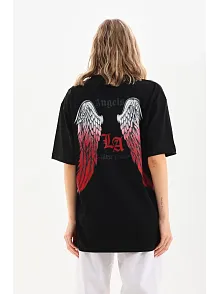 Kadın Baskılı Tişört Kısa Kol Bisiklet Yaka Oversize T-shirt - Siyah