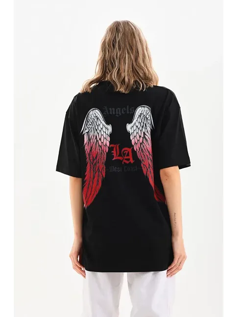 Kadın Baskılı Tişört Kısa Kol Bisiklet Yaka Oversize T-shirt - Siyah