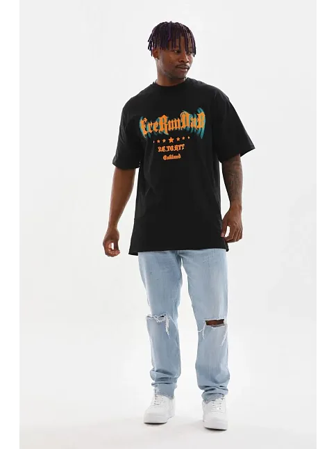 Erkek Baskılı T-shirt Kısa Kol Bisiklet Yaka Rahat Kalıp Tişört - Siyah