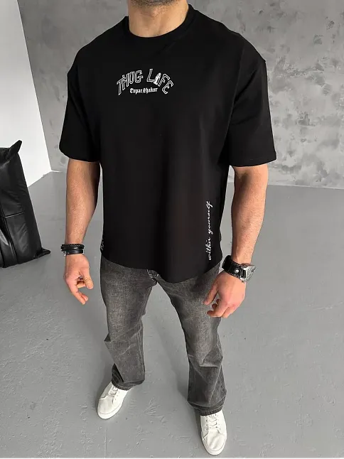 Erkek Kısa Kol Tişört Bisiklet Yaka Filistin Poşulu Baskılı T-shirt - Siyah