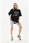 Kadın Kısa Kol Yazlık Tişört Bisiklet Yaka Baskılı Oversize T-shirt - Siyah