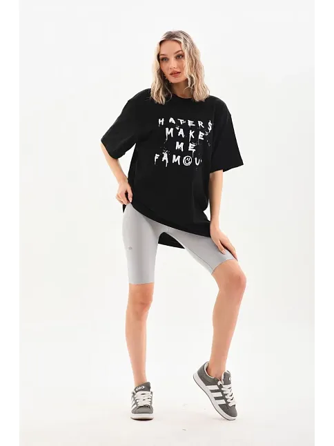 Kadın Kısa Kol Yazlık Tişört Bisiklet Yaka Baskılı Oversize T-shirt - Siyah