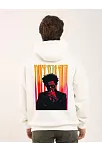 Erkek 3 İplik Pamuklu Kapüşonlu Baskılı Cepli Oversize Sweatshirt Hoodie - Beyaz