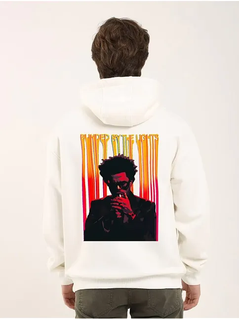 Erkek 3 İplik Pamuklu Kapüşonlu Baskılı Cepli Oversize Sweatshirt Hoodie - Beyaz