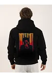 Erkek 3 İplik Pamuklu Kapüşonlu Baskılı Cepli Oversize Sweatshirt Hoodie - Siyah