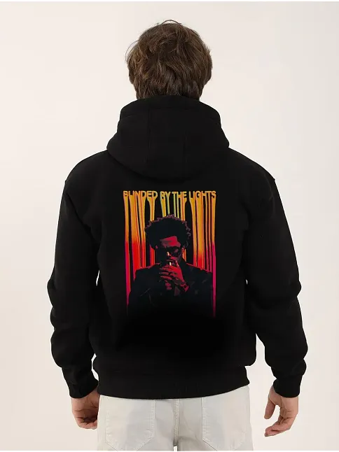 Erkek 3 İplik Pamuklu Kapüşonlu Baskılı Cepli Oversize Sweatshirt Hoodie - Siyah