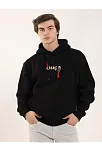 Erkek 3 İplik Pamuklu Kapüşonlu Baskılı Cepli Oversize Sweatshirt Hoodie - Siyah
