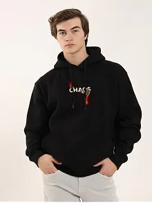 Erkek 3 İplik Pamuklu Kapüşonlu Baskılı Cepli Oversize Sweatshirt Hoodie - Siyah