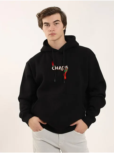Erkek 3 İplik Pamuklu Kapüşonlu Baskılı Cepli Oversize Sweatshirt Hoodie - Siyah