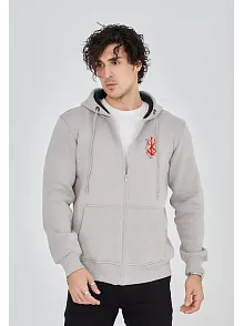 Erkek 3 İplik Pamuklu Kapüşonlu Tam Fermuarlı Cepli Hoodie Sweatshirt - Boyalı Gri