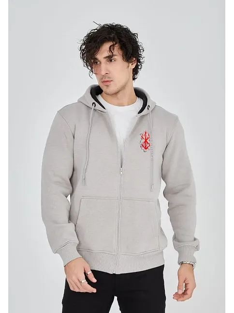 Erkek 3 İplik Pamuklu Kapüşonlu Tam Fermuarlı Cepli Hoodie Sweatshirt - Boyalı Gri