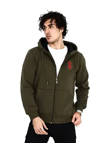 Erkek 3 İplik Pamuklu Kapüşonlu Tam Fermuarlı Cepli Hoodie Sweatshirt - Haki