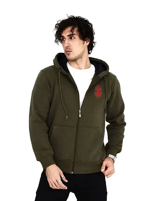 Erkek 3 İplik Pamuklu Kapüşonlu Tam Fermuarlı Cepli Hoodie Sweatshirt - Haki