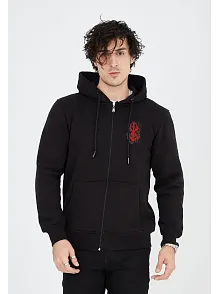 Erkek 3 İplik Pamuklu Kapüşonlu Tam Fermuarlı Cepli Hoodie Sweatshirt - Siyah