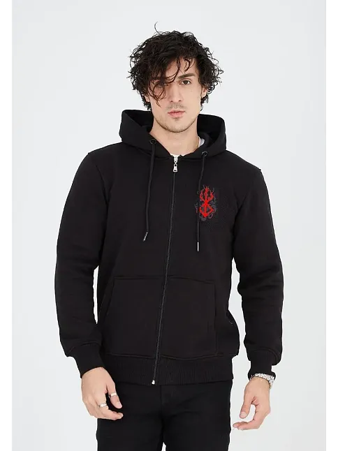 Erkek 3 İplik Pamuklu Kapüşonlu Tam Fermuarlı Cepli Hoodie Sweatshirt - Siyah