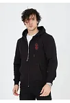 Erkek 3 İplik Pamuklu Kapüşonlu Tam Fermuarlı Cepli Hoodie Sweatshirt - Siyah
