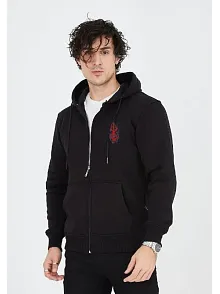 Erkek 3 İplik Pamuklu Kapüşonlu Tam Fermuarlı Cepli Hoodie Sweatshirt - Siyah