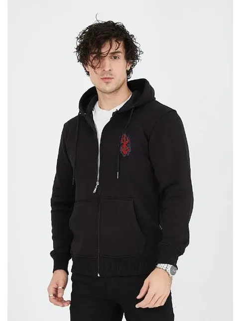 Erkek 3 İplik Pamuklu Kapüşonlu Tam Fermuarlı Cepli Hoodie Sweatshirt - Siyah