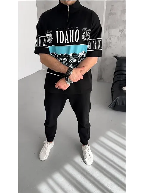 Erkek  Baskılı Yarım Fermuarlı  Kısa Kol T-shirt - Siyah