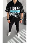 Erkek  Baskılı Yarım Fermuarlı  Kısa Kol T-shirt - Siyah