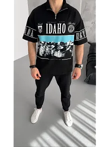 Erkek  Baskılı Yarım Fermuarlı  Kısa Kol T-shirt - Siyah