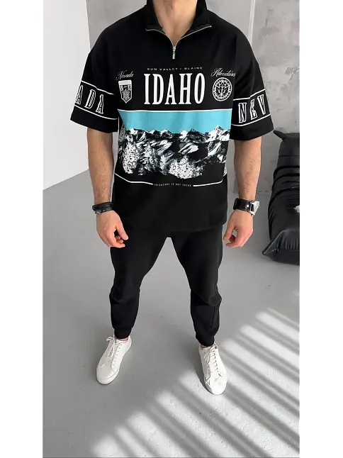 Erkek  Baskılı Yarım Fermuarlı  Kısa Kol T-shirt - Siyah