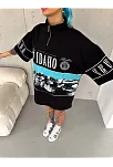 Kadın Baskılı Yarım Fermuarlı Kısa Kol T-shirt - Siyah