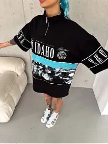 Kadın Baskılı Yarım Fermuarlı Kısa Kol T-shirt - Siyah