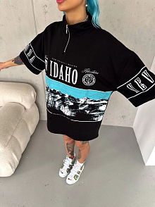 Kadın Baskılı Yarım Fermuarlı Kısa Kol T-shirt - Siyah