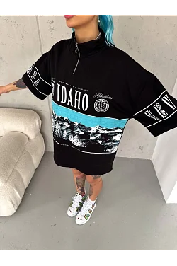 Kadın Baskılı Yarım Fermuarlı Kısa Kol T-shirt - Siyah