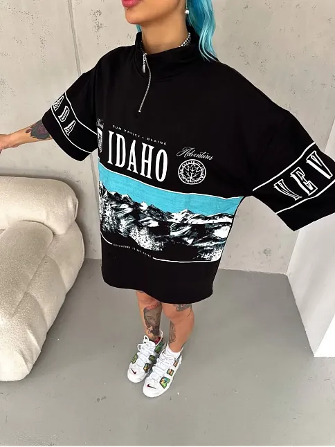 Kadın Baskılı Yarım Fermuarlı Kısa Kol T-shirt - Siyah