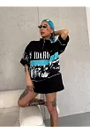 Kadın Baskılı Yarım Fermuarlı Kısa Kol T-shirt - Siyah
