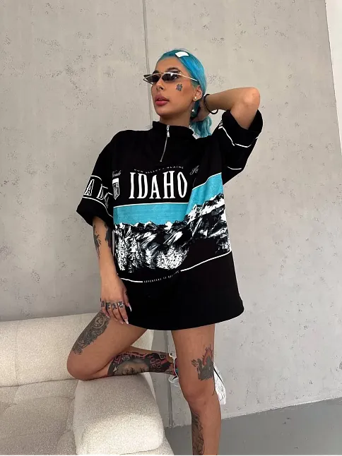 Kadın Baskılı Yarım Fermuarlı Kısa Kol T-shirt - Siyah