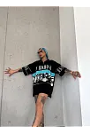 Kadın Baskılı Yarım Fermuarlı Kısa Kol T-shirt - Siyah