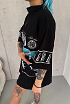 Kadın Baskılı Yarım Fermuarlı Kısa Kol T-shirt - Siyah