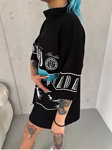 Kadın Baskılı Yarım Fermuarlı Kısa Kol T-shirt - Siyah