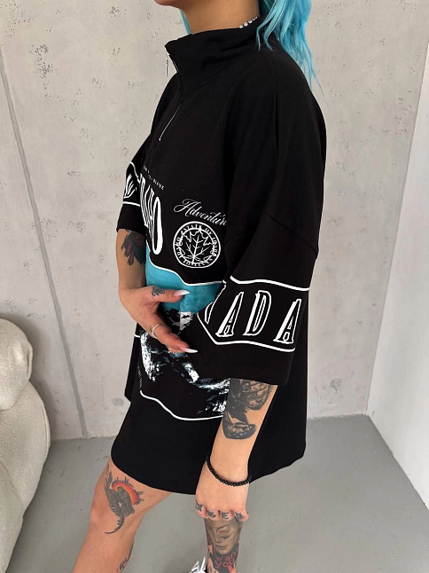 Kadın Baskılı Yarım Fermuarlı Kısa Kol T-shirt - Siyah