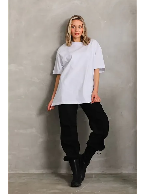 Kadın Düz  Kısa Kol Penye T-shirt - Beyaz