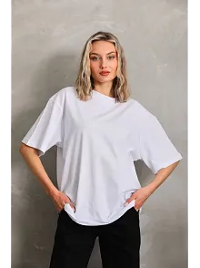 Kadın Düz  Kısa Kol Penye T-shirt - Beyaz