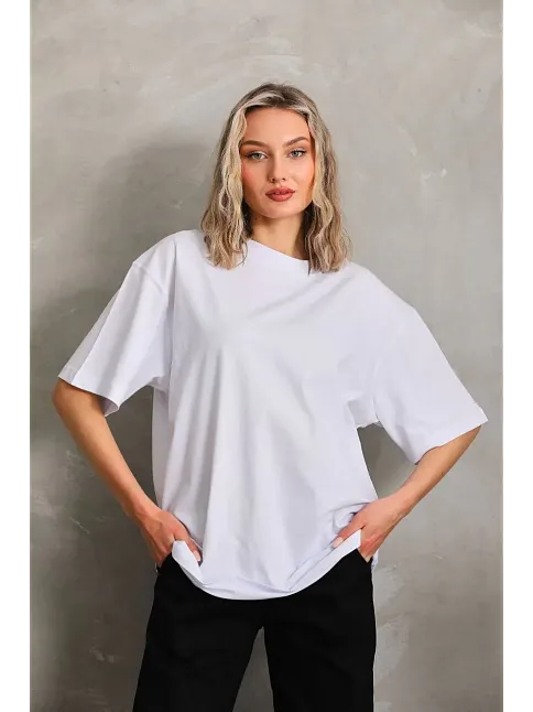 Kadın Düz  Kısa Kol Penye T-shirt - Beyaz