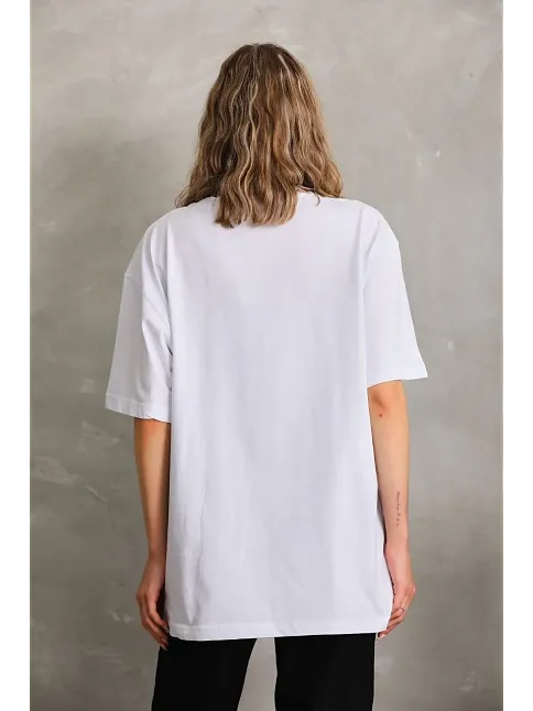 Kadın Düz  Kısa Kol Penye T-shirt - Beyaz