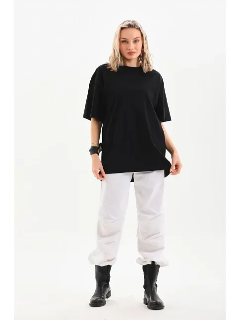 Kadın Düz  Kısa Kol Penye T-shirt - Siyah
