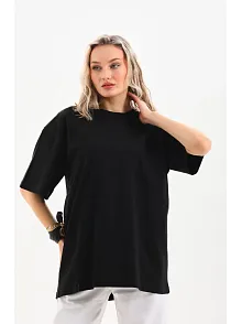 Kadın Düz  Kısa Kol Penye T-shirt - Siyah