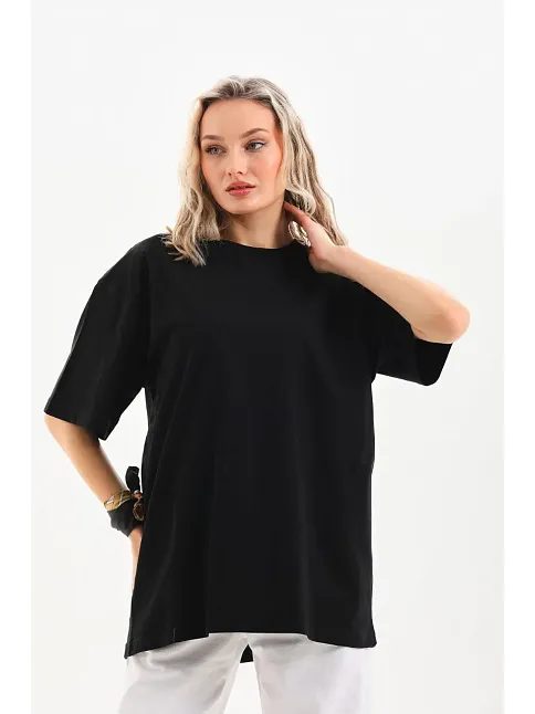 Kadın Düz  Kısa Kol Penye T-shirt - Siyah