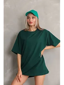 Kadın Düz  Kısa Kol Penye T-shirt- Yeşil